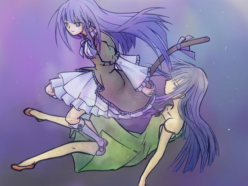 motoki aki, naoya (pixiv), frederica bernkastel, furude rika, higurashi no naku koro ni, umineko no naku koro ni, 00s, 2girls, blue hair, closed eyes, company connection, creator connection, crossover, dress, green skirt, in-franchise crossover, multiple girls, skirt, tail
