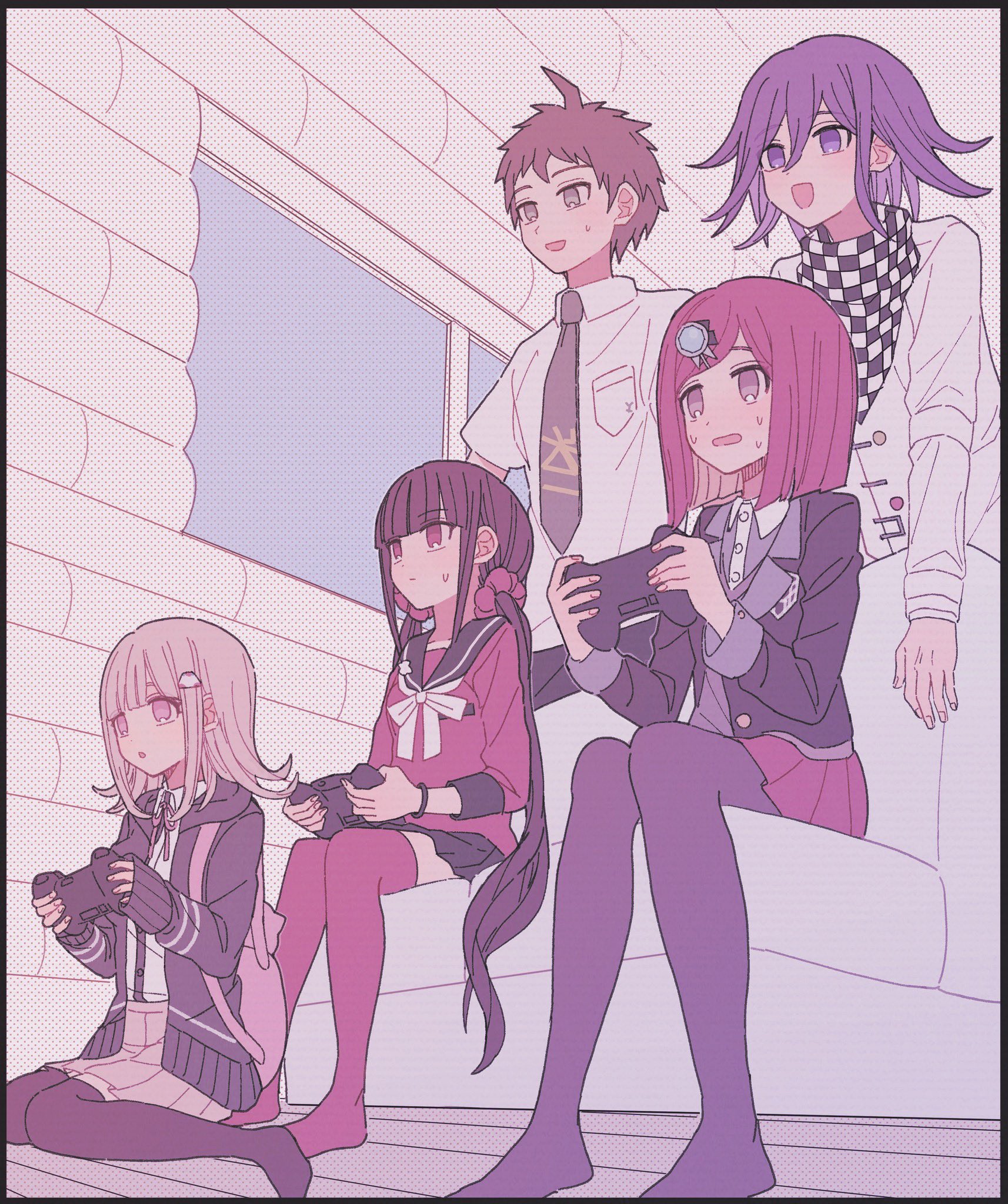 xiao (grsnss25), harukawa maki, hinata hajime, nanami chiaki, oma kokichi, yumeno himiko, danganronpa (series), danganronpa 2: goodbye despair, danganronpa v3: killing harmony, commentary request, highres, 2boys, 3girls, ahoge, black jacket, black pantyhose, black sailor collar, blunt bangs, blush, bow, bowtie, breast pocket, brown hair, brown skirt, buttons, checkered clothes, checkered scarf, collared jacket, collared shirt, controller, couch, flipped hair, game controller, gem hair ornament, green necktie, hair between eyes, hair ornament, hair scrunchie, holding, holding controller, holding game controller, indoors, jacket, long hair, long sleeves, low twintails, medium hair, multiple boys, multiple girls, necktie, no shoes, open clothes, open jacket, open mouth, pale color, pantyhose, pink bag, pink eyes, playing games, pleated skirt, pocket, purple eyes, purple hair, red eyes, red hair, red scrunchie, red shirt, red skirt, red thighhighs, sailor collar, scarf, school uniform, scrunchie, shirt, short hair, short sleeves, sitting, skirt, smile, standing, sweatdrop, thighhighs, twintails, two-tone scarf, very long hair, white bow, white bowtie, white shirt