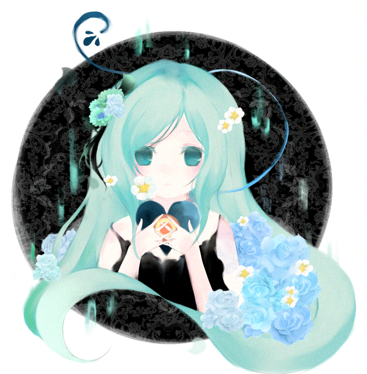 souka (souspirit), kunagisa tomo, zaregoto series, 1girl, blue dress, blue eyes, blue hair, blush, dress, female focus, flower, hair flower, hair ornament, heart, holding, long hair, looking at viewer, matching hair/eyes, simple background, solo, very long hair, white background