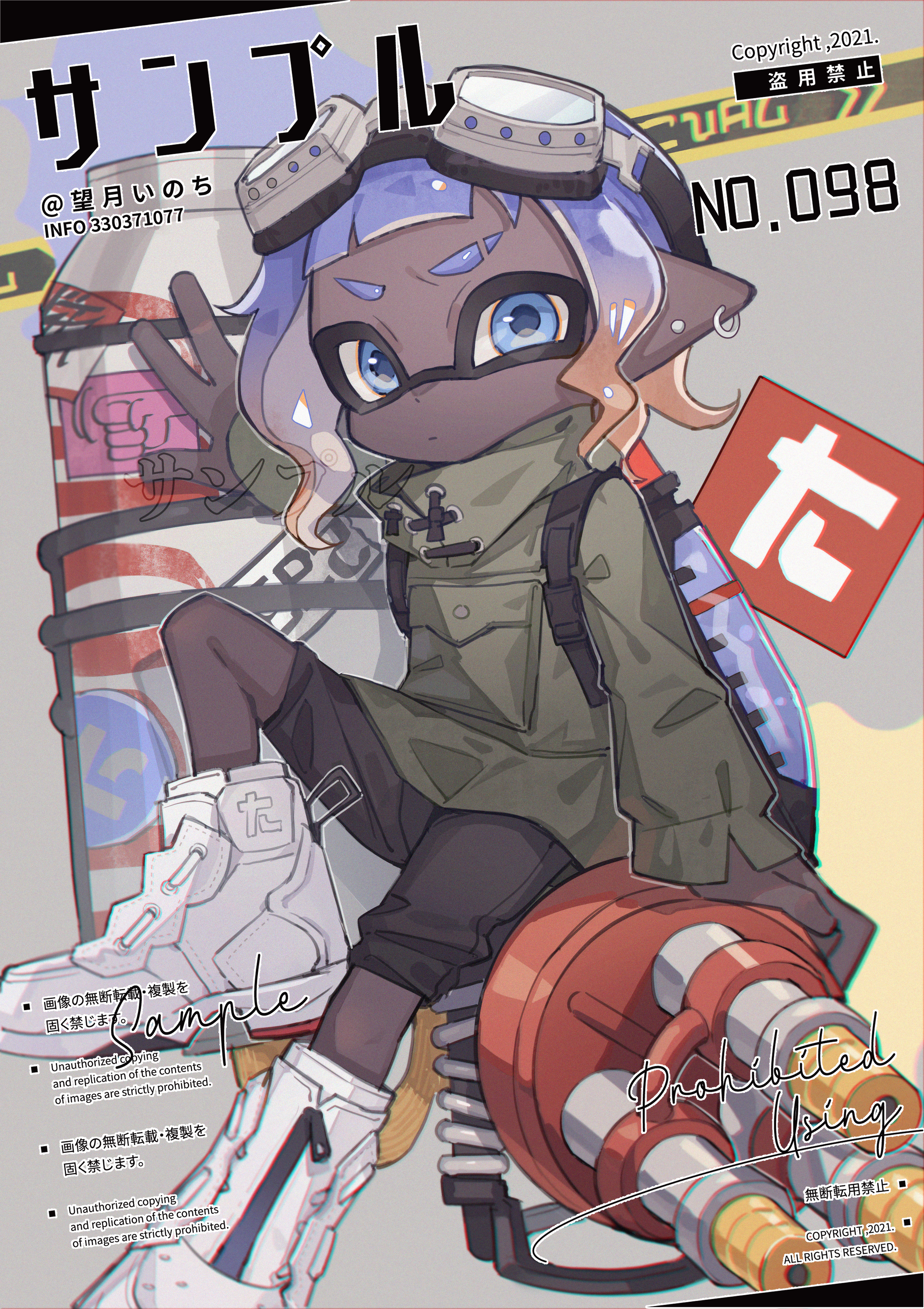mochizuki inochi, inkling boy, inkling player character, nintendo, splatoon (series), absurdres, highres, 1boy, artist name, black shorts, blue eyes, blunt bangs, closed mouth, dark-skinned male, dark skin, earrings, full body, goggles, goggles on head, gradient hair, green jacket, inkling, jacket, jewelry, long sleeves, looking at viewer, male focus, multicolored hair, orange hair, pointy ears, purple hair, shoes, short hair, shorts, sitting, sneakers, solo, tentacle hair, two-tone hair, watermark, white shoes