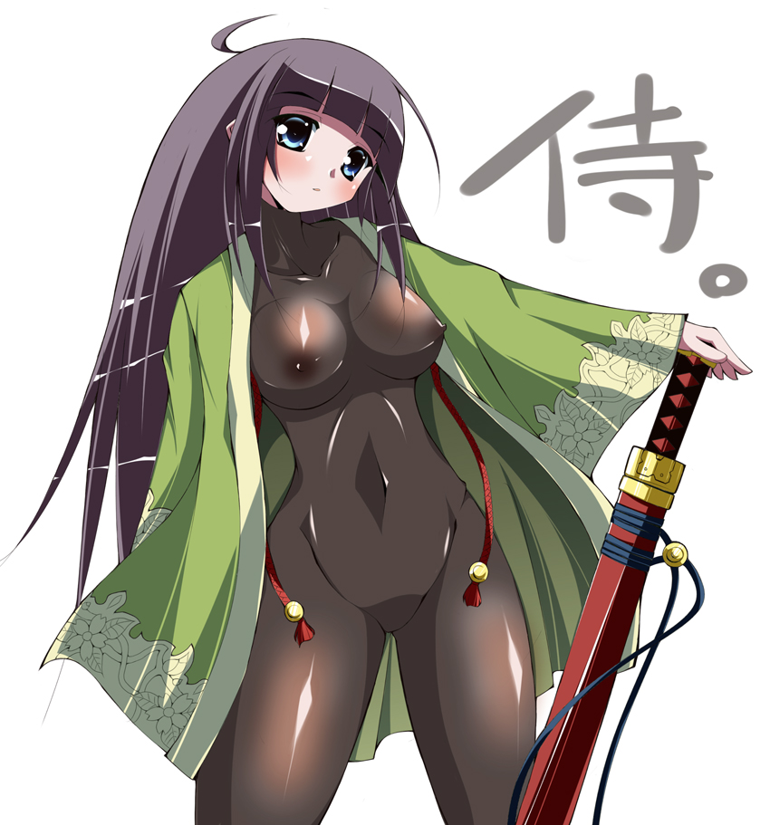 kaga taichi, saga taichi, ran (7th dragon), samurai (7th dragon), 7th dragon, 7th dragon (series), 1girl, ahoge, black hair, blue eyes, bodysuit, breasts, covered erect nipples, female focus, large breasts, latex, long hair, open clothes, open shirt, see-through clothes, sheath, sheathed, shirt, skin tight, solo, sword, weapon