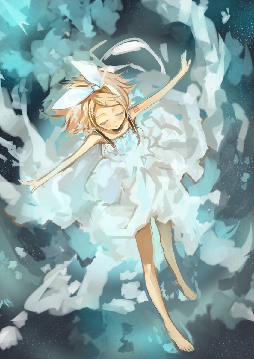 okishiji en, oxiji, kagamine rin, kagamine rin (roshin yuukai), roshin yuukai (vocaloid), vocaloid, highres, 1girl, barefoot, blonde hair, closed eyes, female focus, ribbon, solo