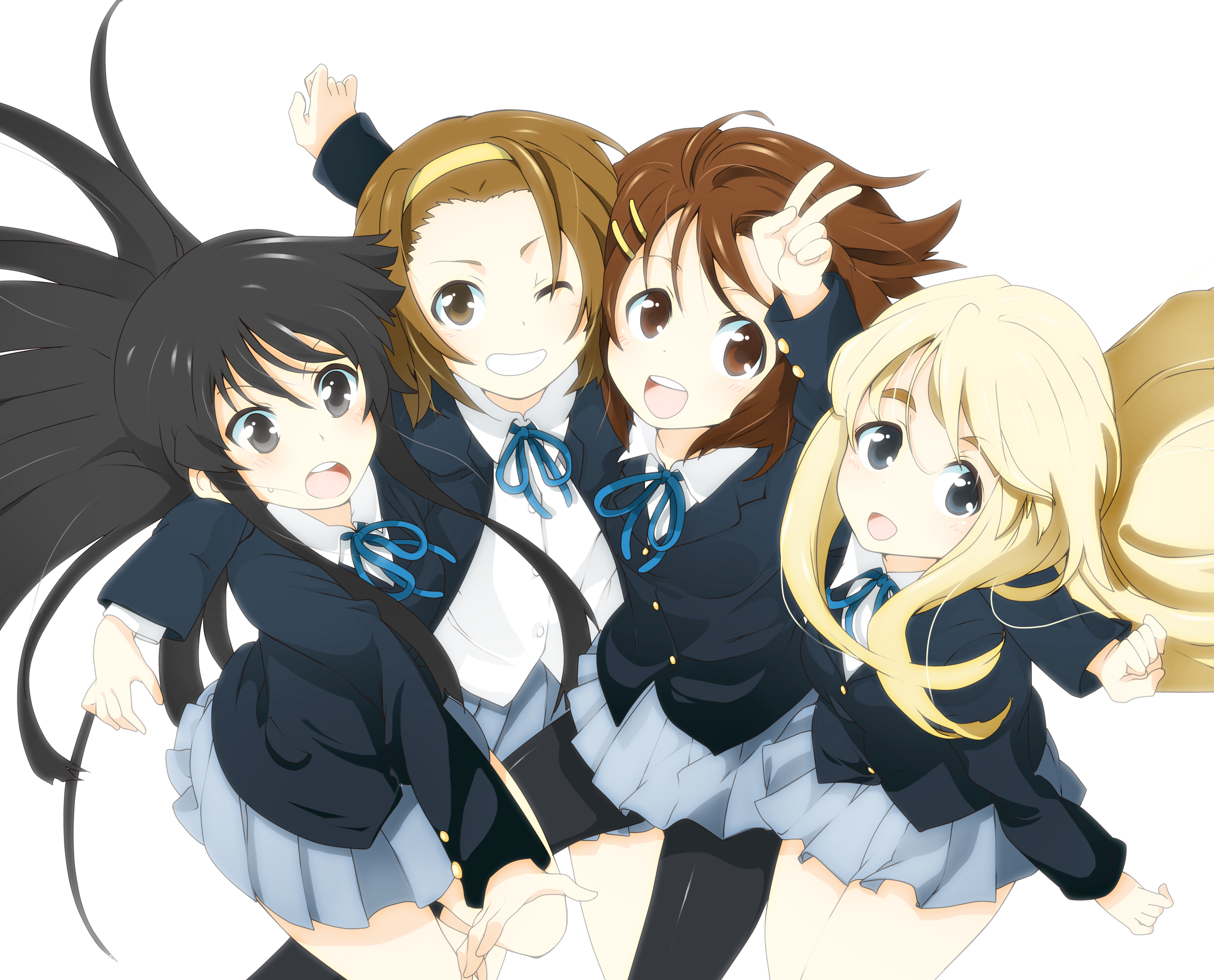 mitsuki meia, akiyama mio, hirasawa yui, kotobuki tsumugi, tainaka ritsu, k-on!, highres, 00s, 4girls, black hair, blazer, blonde hair, blunt bangs, brown eyes, brown hair, grin, hairband, hime cut, ho-kago tea time, jacket, long hair, multiple girls, one eye closed, pantyhose, round teeth, school uniform, skirt, smile, teeth, wink, yellow eyes