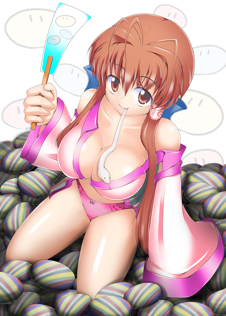 mocchisake, furukawa sanae, kochiya sanae, clannad, dango daikazoku, touhou, bad id, bad pixiv id, 1girl, antenna hair, breasts, cleavage, cosplay, dango, detached sleeves, female focus, food, hand fan, kneeling, kochiya sanae (cosplay), large breasts, name connection, panties, rock, snake, solo, underwear, wagashi