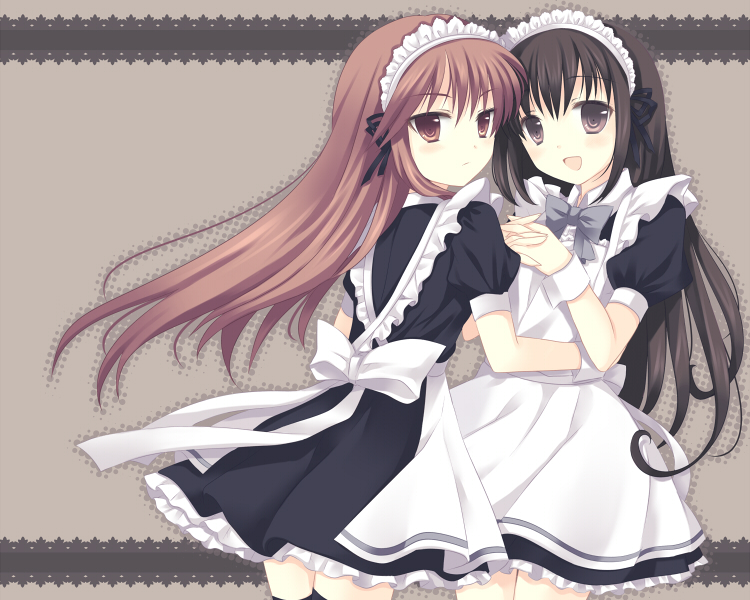 takase kanan, original, black eyes, black hair, brown eyes, brown hair, hug, long hair, maid, thighhighs