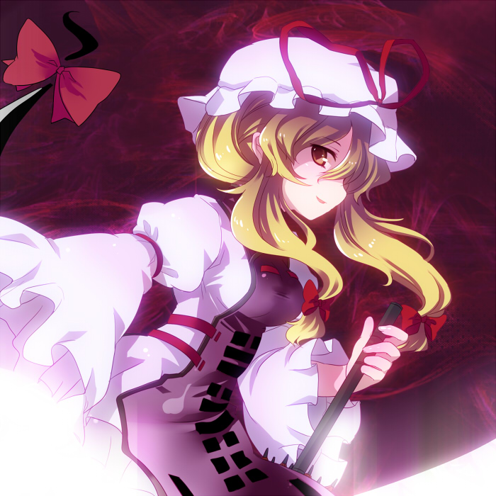 chaba (hortensia), yakumo yukari, touhou, 1girl, blonde hair, breasts, dress, female focus, gap (touhou), gradient background, hair ribbon, hat, ribbon, solo, umbrella, yellow eyes