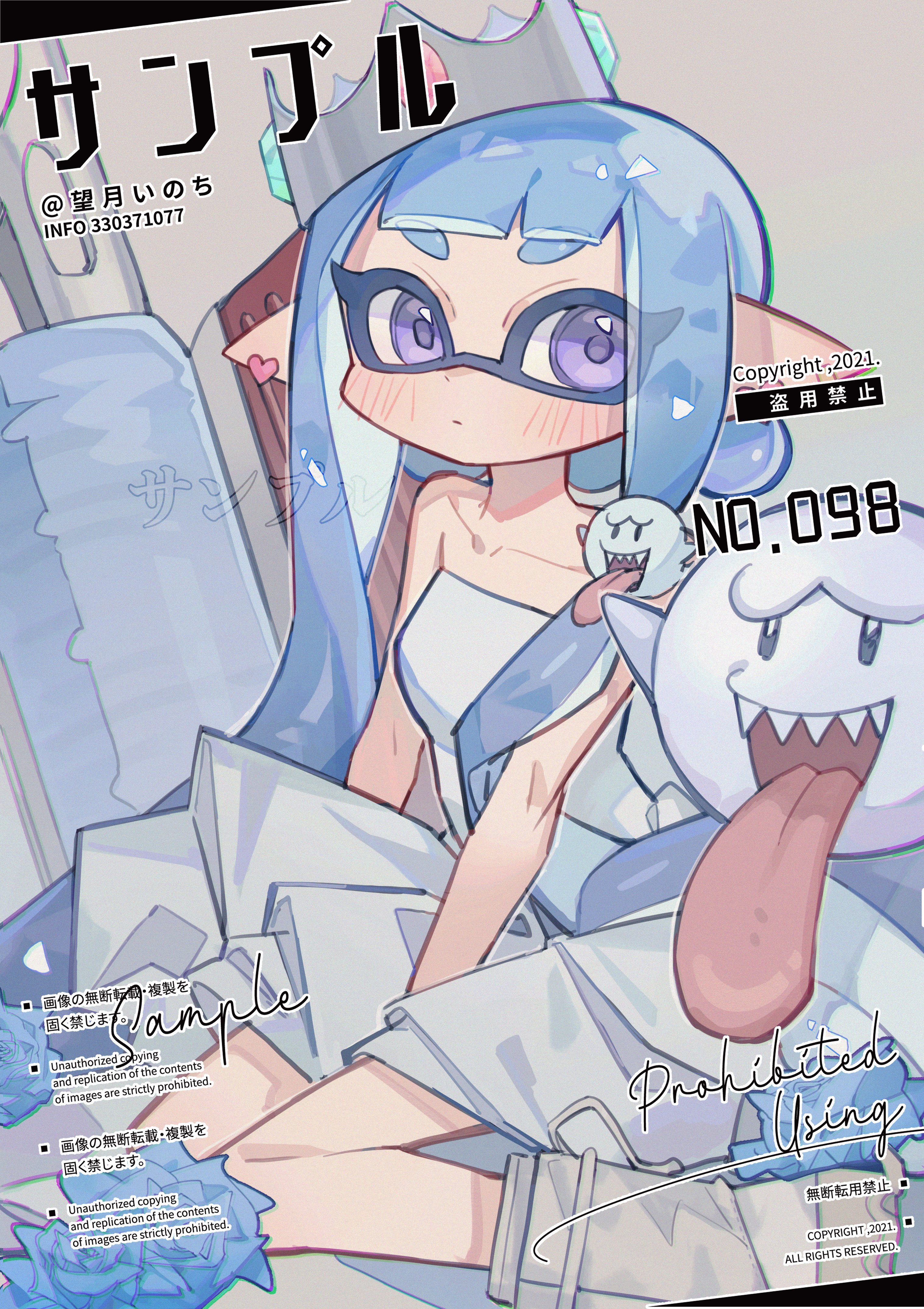 mochizuki inochi, boo (mario), inkling girl, inkling player character, mario (series), nintendo, splatoon (series), absurdres, highres, 1girl, artist name, bare arms, bare shoulders, blue hair, blunt bangs, blush, boots, closed mouth, collarbone, dress, earrings, full body, grey boots, heart, heart earrings, inkling, jewelry, long hair, looking at viewer, pointy ears, purple eyes, silver crown, sitting, solo, strapless, strapless dress, tentacle hair, thick eyebrows, wariza, watermark, white dress