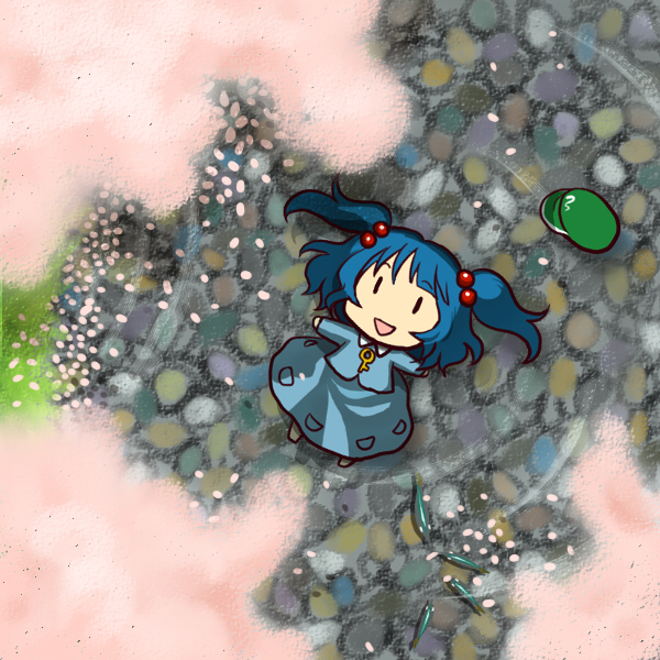 socha, kawashiro nitori, touhou, 1girl, afloat, blue hair, cherry blossoms, chibi, female focus, fish, floating, hair bobbles, hair ornament, hat, nature, outdoors, petals, plant, skirt, solo, twintails, two side up, water