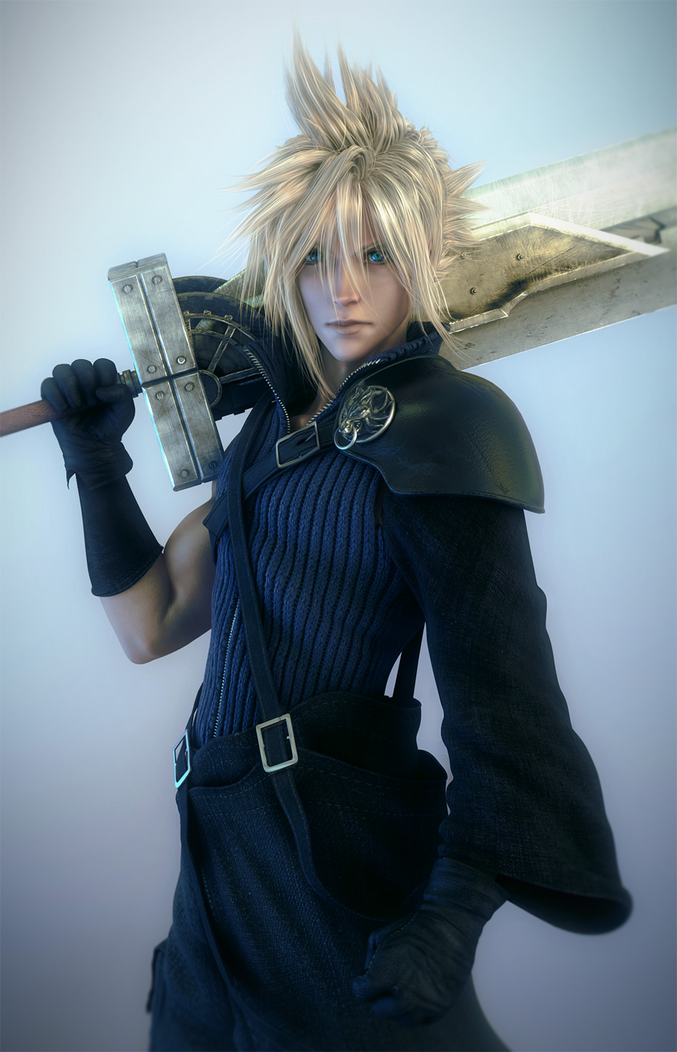 wen jr, cloud strife, final fantasy, final fantasy vii, final fantasy vii advent children, highres, 00s, 1990s (style), 1boy, 3d, blonde hair, gloves, gradient background, huge weapon, male focus, retro artstyle, scarf, solo, sword, weapon