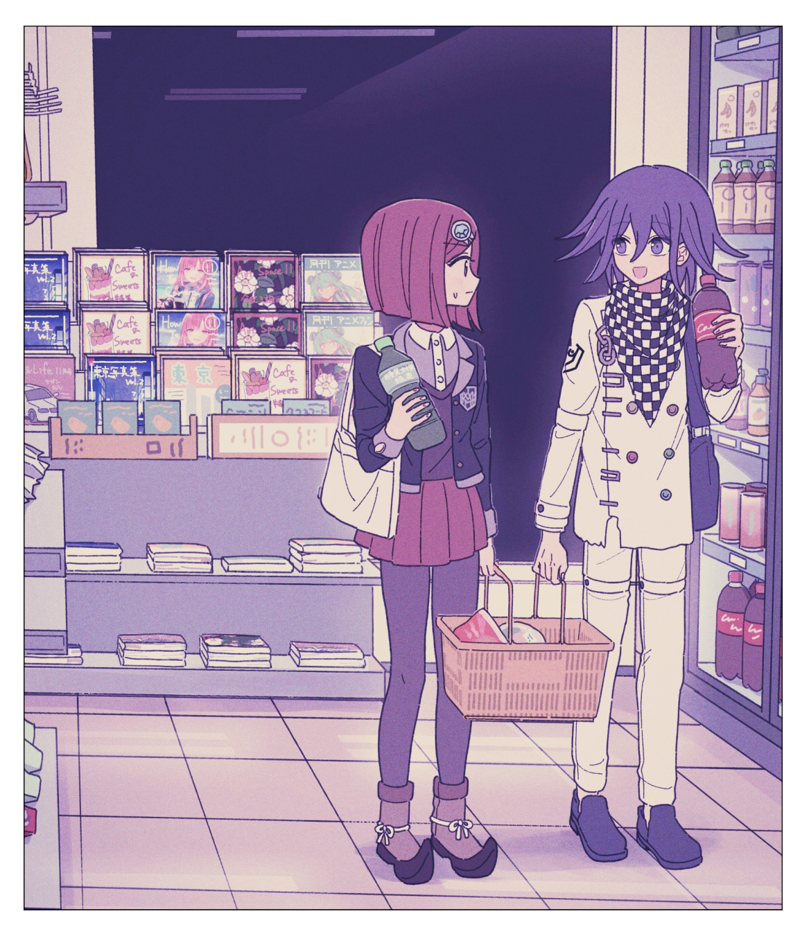 xiao (grsnss25), oma kokichi, yumeno himiko, danganronpa (series), danganronpa v3: killing harmony, commentary request, highres, 1boy, 1girl, basket, black jacket, border, bottle, brown vest, buttons, checkered clothes, checkered scarf, collared jacket, collared shirt, convenience store, flipped hair, full body, gem hair ornament, hair between eyes, hair ornament, holding, holding basket, indoors, jacket, long sleeves, looking at another, magazine (object), multicolored buttons, open mouth, pants, pantyhose, pleated skirt, pointy boots, purple eyes, purple hair, red eyes, red hair, red skirt, refrigerator, scarf, school uniform, shirt, shop, shopping, shopping basket, short hair, skirt, smile, soda bottle, standing, tile floor, tiles, two-tone scarf, vest, white border