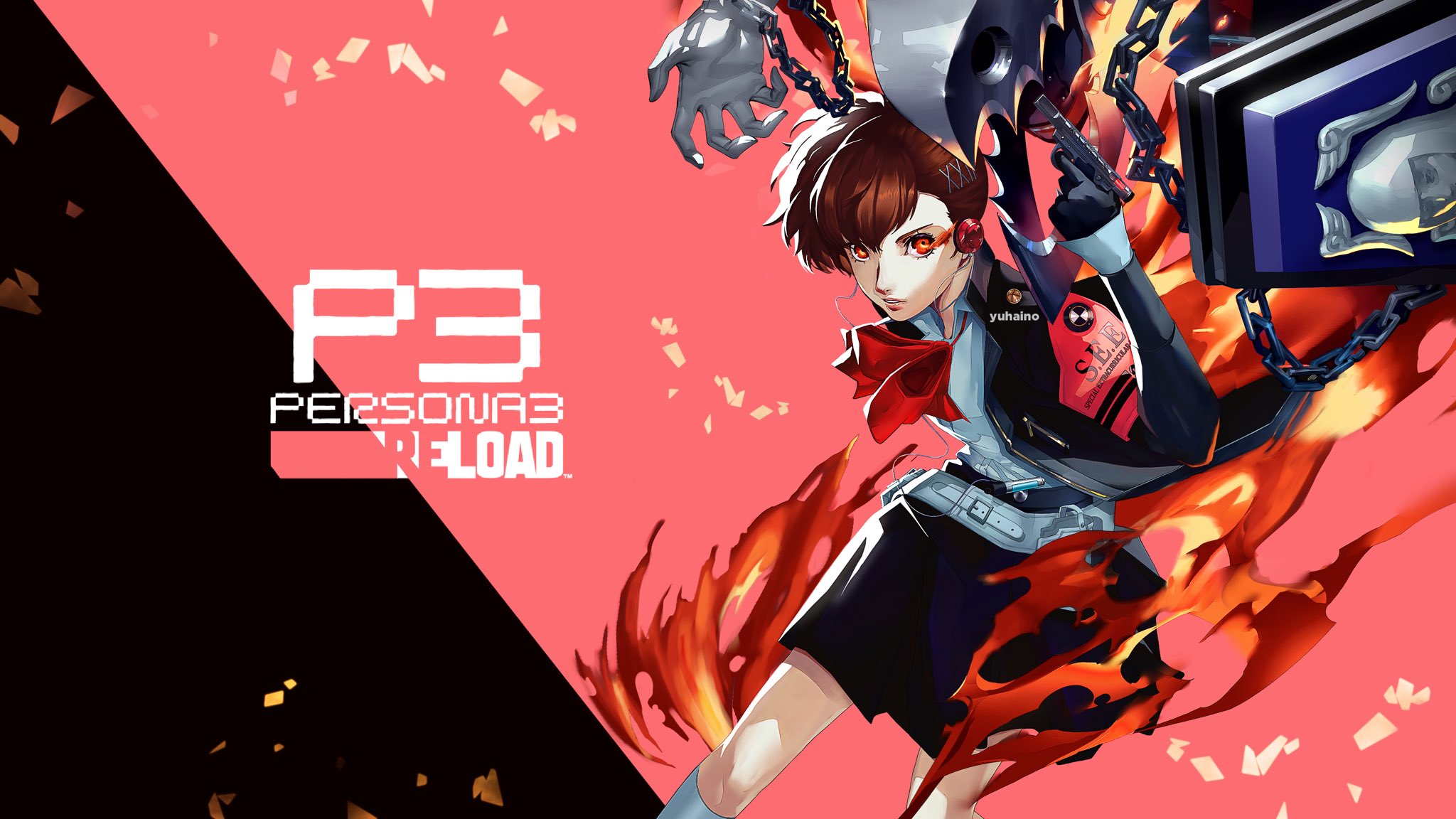 shiomi kotone, thanatos (persona), persona, persona 3, persona 3 portable, persona 3 reload, commentary, english commentary, highres, 1girl, armband, artist name, black gloves, black jacket, black skirt, bow, brown hair, copyright logo, digital media player, digital walkman, earphones, evoker, feet out of frame, finger on trigger, fire, flaming eye, gloves, gun, hair ornament, hairclip, hand up, holding, holding gun, holding weapon, holster, jacket, logo, official style, open clothes, open jacket, parted lips, persona (summon), pink background, red armband, red bow, red eyes, s.e.e.s, shimada azusa (style), shirt, short hair, skirt, two-tone background, walkman nw-s203f, weapon, white shirt, yuhaino