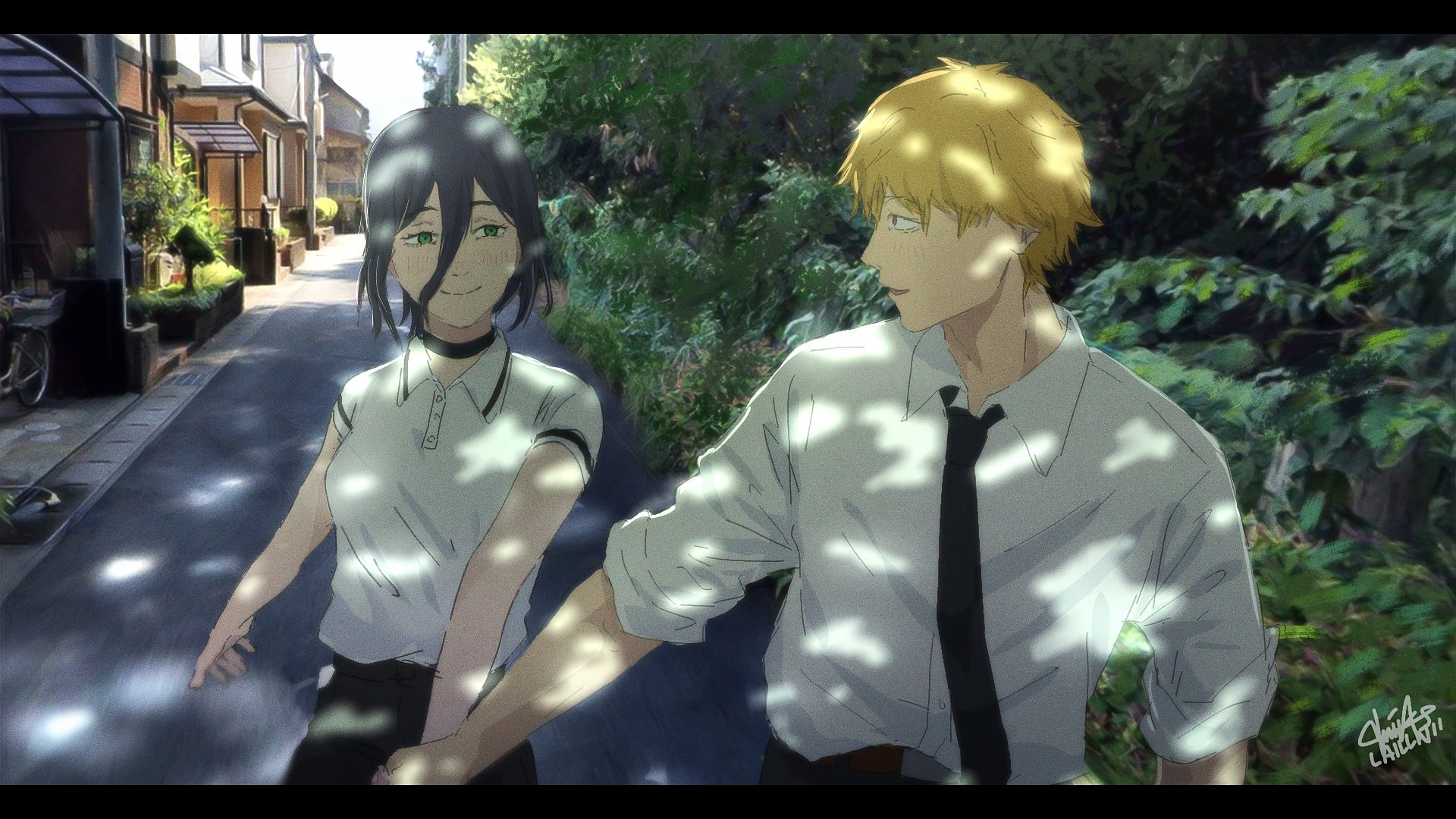 laillnii, reze (chainsaw man), chainsaw man, commentary, highres, 1boy, 1girl, black choker, black hair, black necktie, blonde hair, blush, building, bush, choker, collared shirt, day, green eyes, hair between eyes, hetero, holding hands, long hair between eyes, looking at another, necktie, outdoors, photo background, polo shirt, profile, road, shirt, short hair, short sleeves, signature, street, white shirt