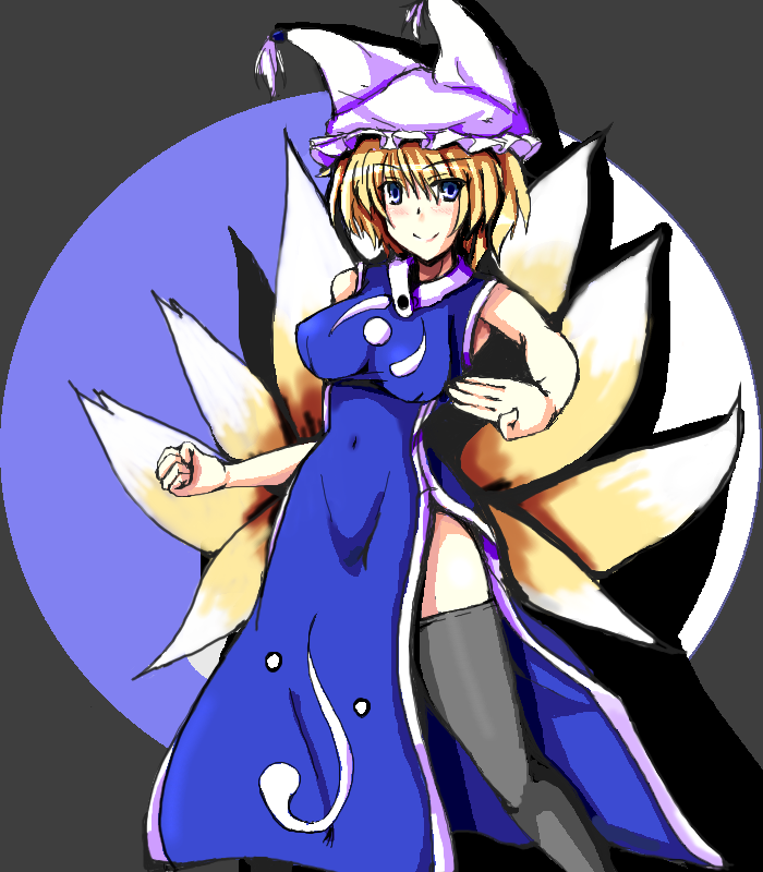 mugen houteishiki, mugenshiki, yakumo ran, touhou, bad id, bad pixiv id, 1girl, animal hat, blonde hair, blue eyes, china dress, chinese clothes, dress, female focus, fighting stance, hat, legs, mob cap, multiple tails, short hair, side slit, sleeveless, solo, tail, tassel, thighhighs, thighs