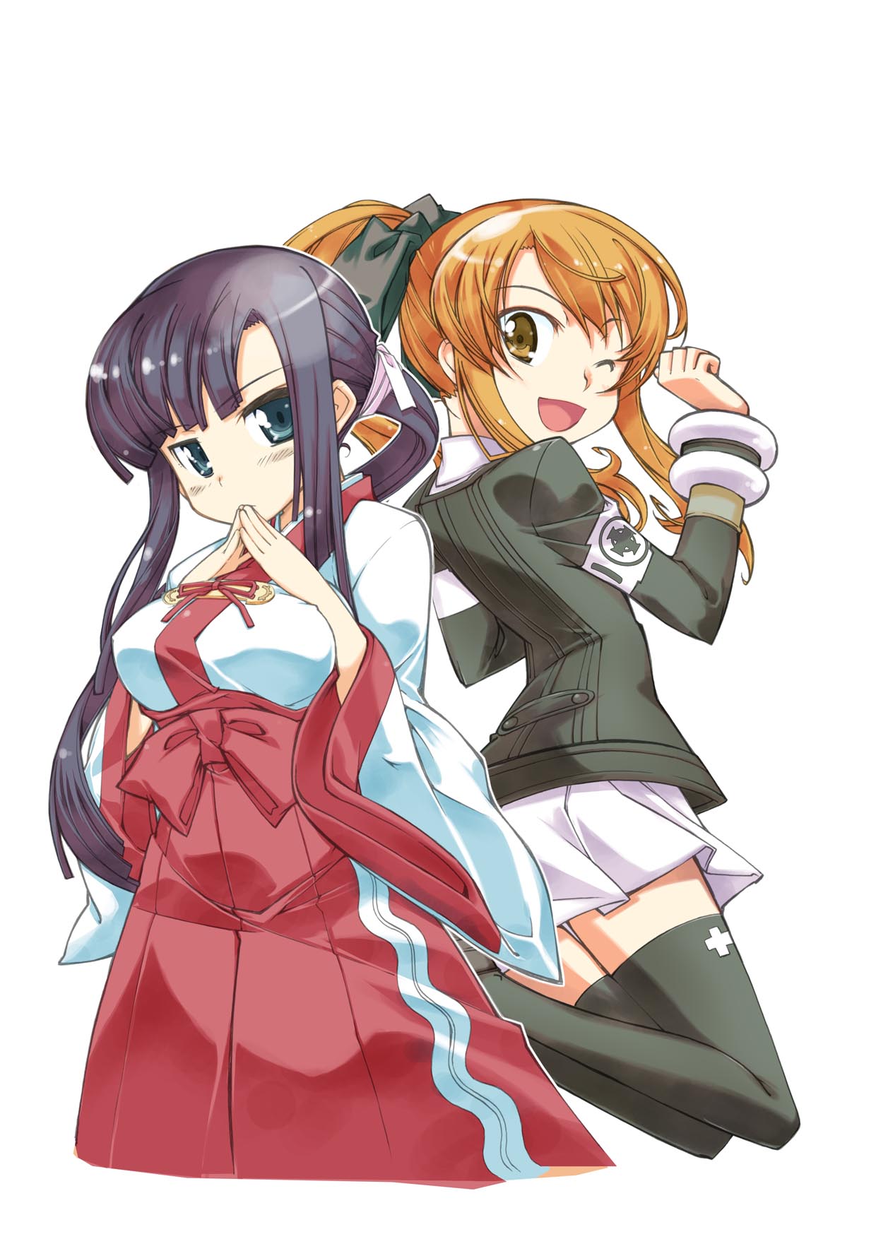 akiduki ryou, akizuki ryou (gakuen kumikyoku), minakami misao, takatsuki kanade, asura cryin', highres, 00s, 2girls, breasts, japanese clothes, miko, multiple girls, one eye closed, school uniform, thighhighs, wink, zettai ryouiki
