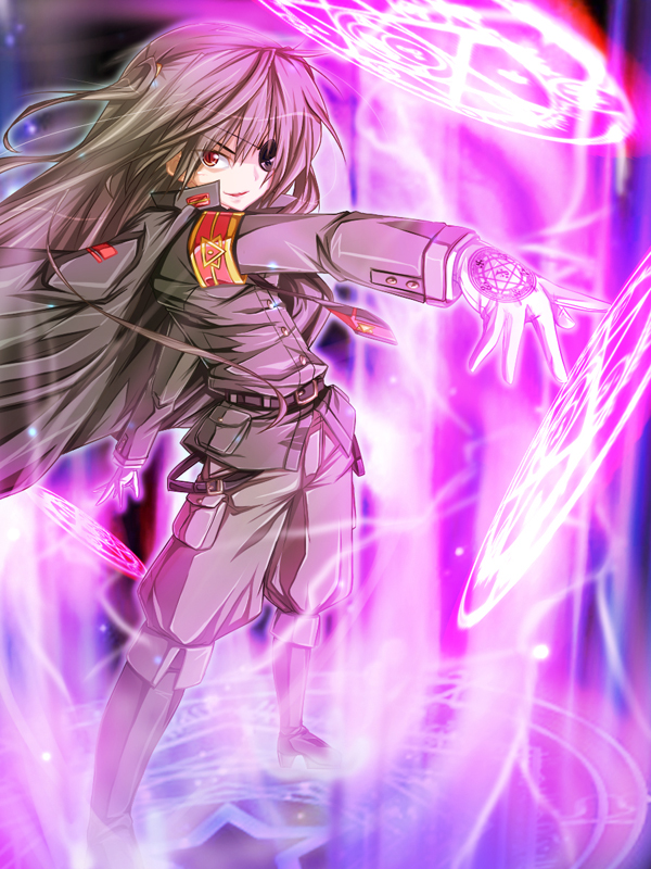 yukinon, yukinon (tsuki koubou), original, uniform, 1girl, black hair, boots, cape, eyepatch, female focus, magic circle, red eyes, solo