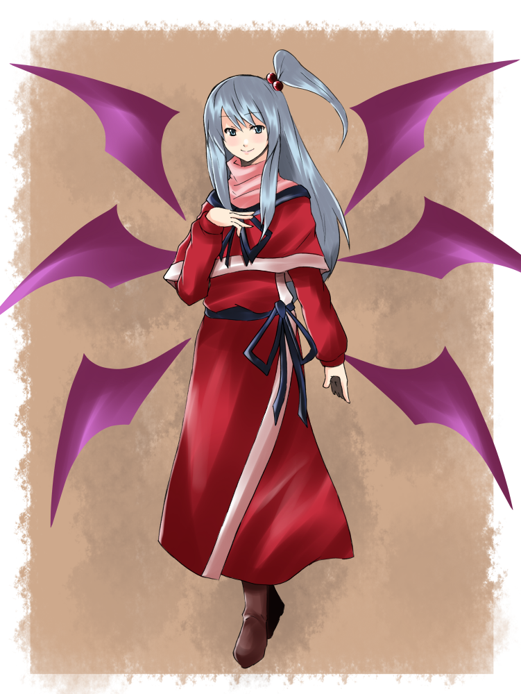 reon (pixiv), reon (saikyou), shinki (touhou), mystic square, touhou, touhou (pc-98), bad id, bad pixiv id, 1girl, blue eyes, female focus, full body, grey hair, hair bobbles, hair ornament, side ponytail, solo, wings