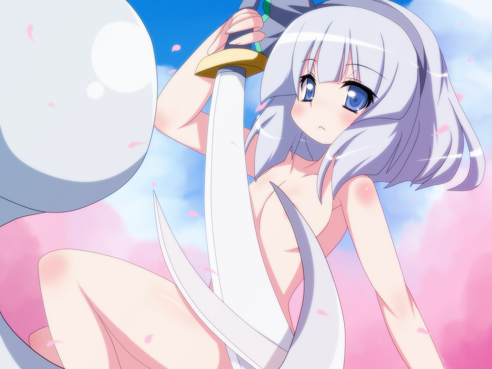 oborotsuki kakeru, konpaku youmu, konpaku youmu (ghost), touhou, silver hair, highres, 1girl, :<, blue eyes, censored, convenient censoring, female focus, hairband, hitodama, katana, nude, petals, solo, sword, weapon