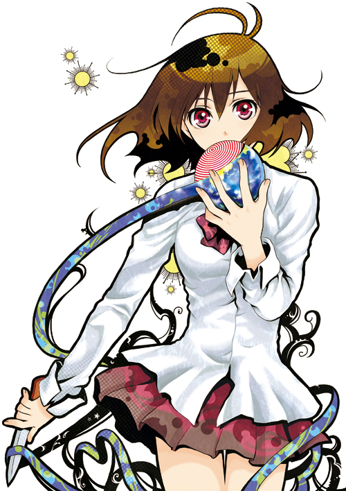 wool (kurokrkr), original, bad id, bad pixiv id, brown hair, knife, red eyes, ribbon, short hair, skirt, solo