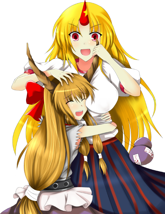 mugen houteishiki, mugenshiki, hoshiguma yuugi, ibuki suika, touhou, bad id, bad pixiv id, 2girls, blonde hair, closed eyes, female focus, horns, hug, long hair, multiple girls, orange hair, red eyes, single horn, star (symbol)