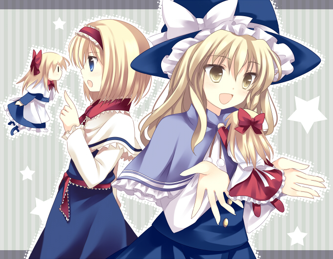 takase kanan, alice margatroid, hourai doll, kirisame marisa, shanghai doll, touhou, bad id, bad pixiv id, 2girls, blonde hair, blue eyes, braid, capelet, doll, female focus, hairband, hat, multiple girls, short hair, single braid, witch, witch hat, yellow eyes