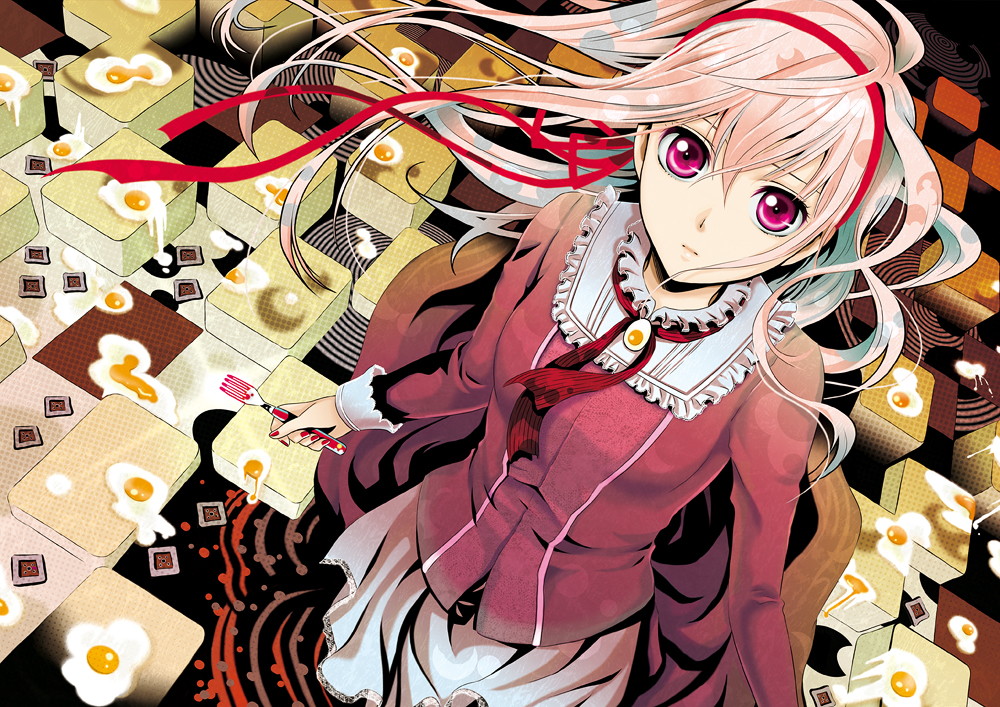 wool (kurokrkr), original, 1girl, egg, female focus, food, fork, hairband, long hair, pink eyes, pink hair, red eyes, ribbon, solo
