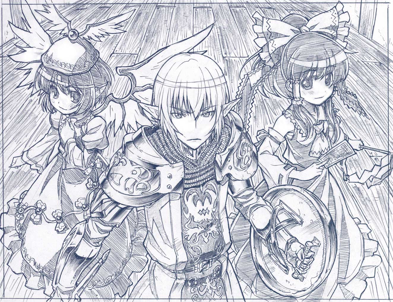 sakino shingetsu, buront, elvaan, hakurei reimu, mystia lorelei, paladin (final fantasy), final fantasy, final fantasy xi, the iron of yin and yang, touhou, graphite (medium), traditional media, 00s, 2girls, blue theme, elf, female focus, monochrome, multiple girls, paladin, pointy ears, shield, sword, weapon, wings
