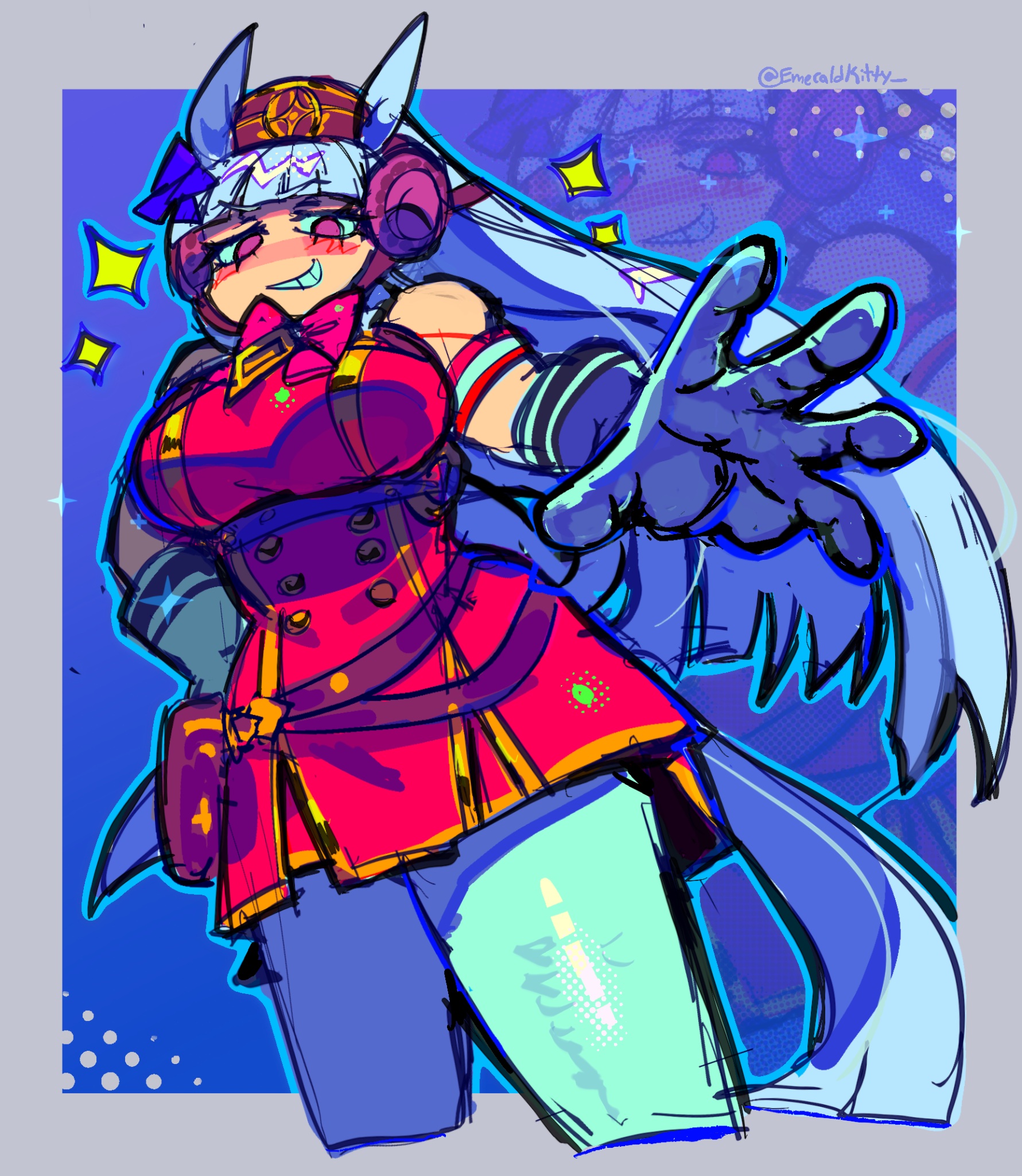 emerald kitty, gold ship (red strife) (umamusume), gold ship (umamusume), umamusume, commentary, english commentary, highres, 1girl, animal ears, armband, artist name, belt, belt pouch, black hat, blush, bow, bowtie, breasts, brown hat, buttons, double-breasted, dress, ear covers, full body, gloves, grey hair, grin, hand on own hip, hat, horse ears, horse girl, horse tail, large breasts, lips, long hair, looking at viewer, pantyhose, pillbox hat, pouch, purple eyes, red bow, red bowtie, red dress, short dress, sleeveless, sleeveless dress, smile, solo, standing, straight hair, tachi-e, tail, teeth, tight clothes, twitter username, v-shaped eyebrows, white gloves