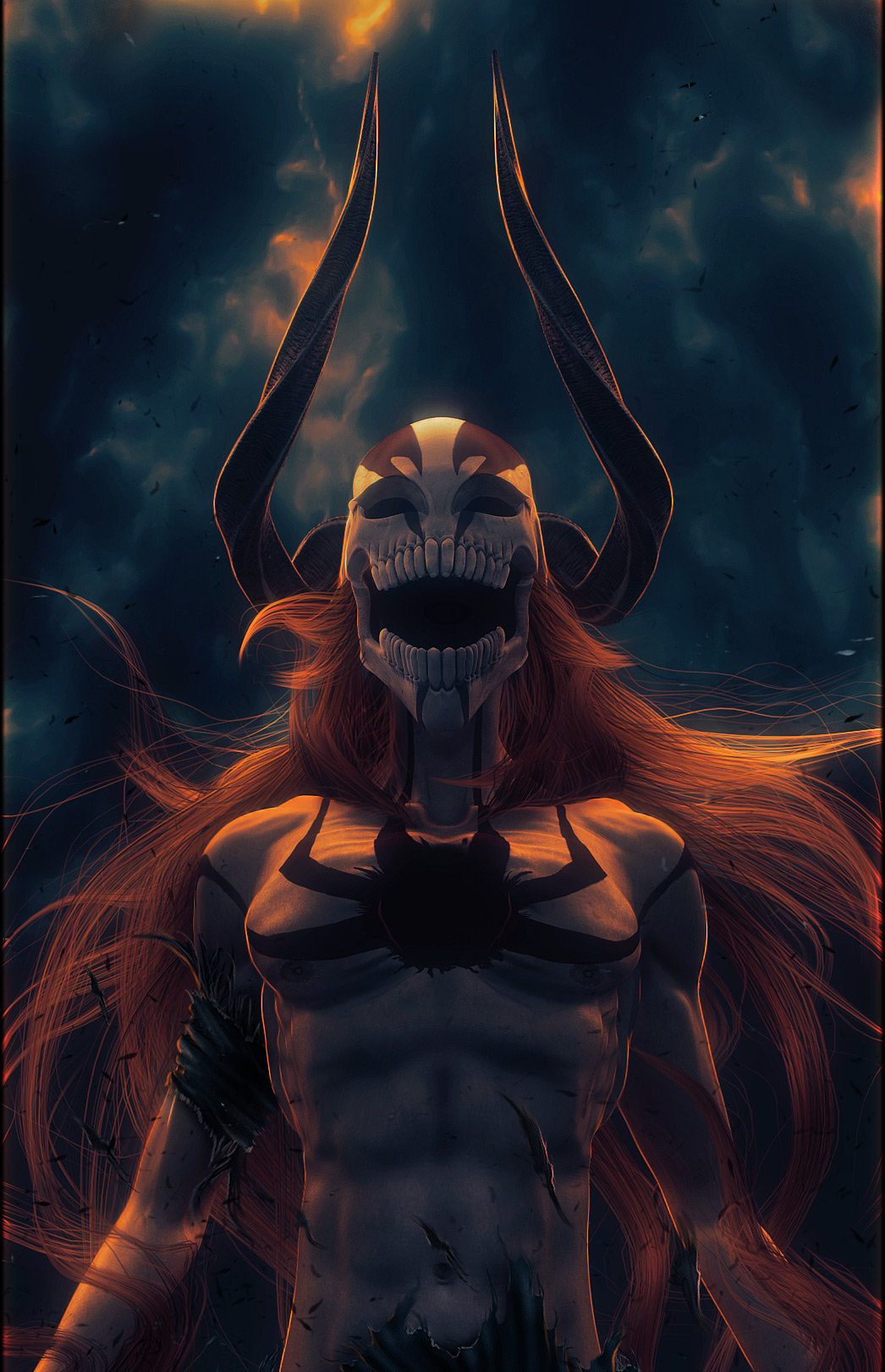 wen jr, hollow ichigo, kurosaki ichigo, bleach, highres, spoilers, 00s, 1boy, 3d, abs, claws, colored skin, cuts, epic, horns, injury, long hair, male focus, mask, navel, orange hair, realistic, skull, solo, sword, torn clothes, weapon, white skin