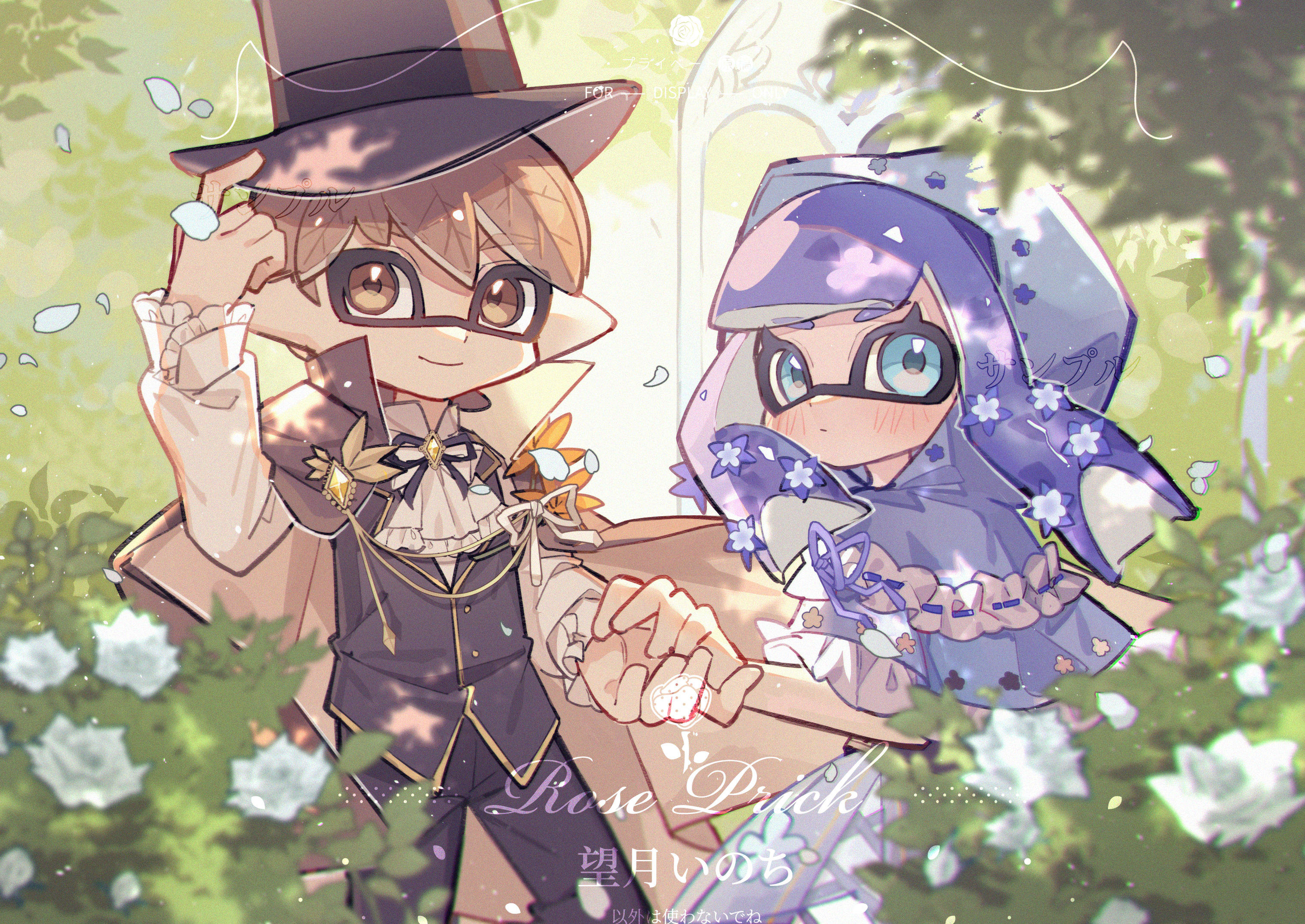 mochizuki inochi, inkling boy, inkling girl, inkling player character, nintendo, splatoon (series), highres, 1boy, 1girl, artist name, black cape, black hat, black pants, black ribbon, black vest, blonde hair, blue dress, blue eyes, blunt bangs, blurry, blurry foreground, blush, cape, closed mouth, cowboy shot, dress, flower, hat, inkling, leaf, long hair, long sleeves, looking at viewer, neck ribbon, pants, purple hair, ribbon, rose, shirt, short hair, smile, standing, tentacle hair, thick eyebrows, top hat, vest, watermark, white flower, white rose, white shirt, yellow eyes