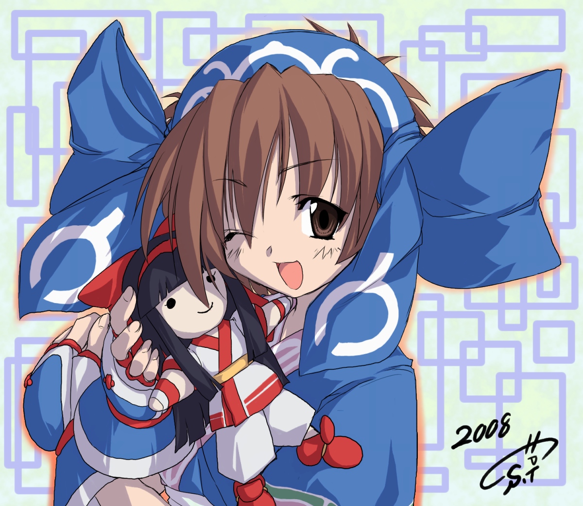 take shinobu, takesinobu, nakoruru, rimururu, samurai spirits, snk, bad id, bad pixiv id, 00s, 1girl, 2008, brown eyes, brown hair, character doll, chibi, doll, one eye closed, simple background, wink