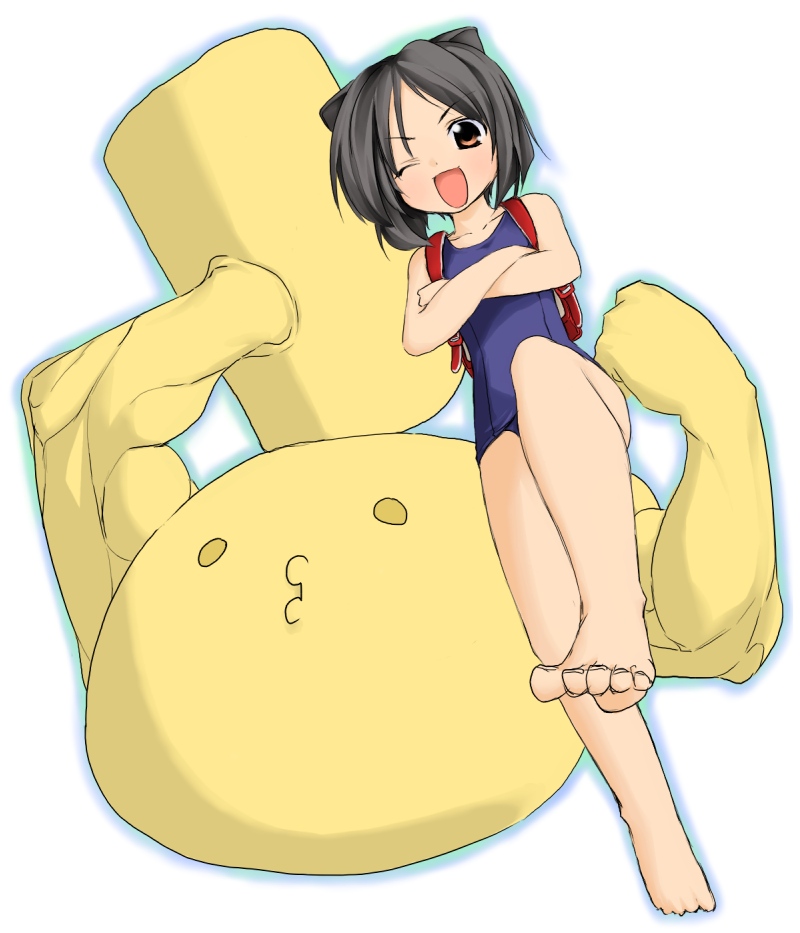 take shinobu, takesinobu, daidouji kira, onsokumaru, aq interactive, arcana heart, atlus, examu, ninin ga shinobuden, bad id, bad pixiv id, 00s, 1girl, backpack, bag, barefoot, black hair, crossed arms, crossover, feet, female focus, muscular, o3o, one-piece swimsuit, one eye closed, randoseru, school swimsuit, short hair, simple background, solo, swimsuit, wink