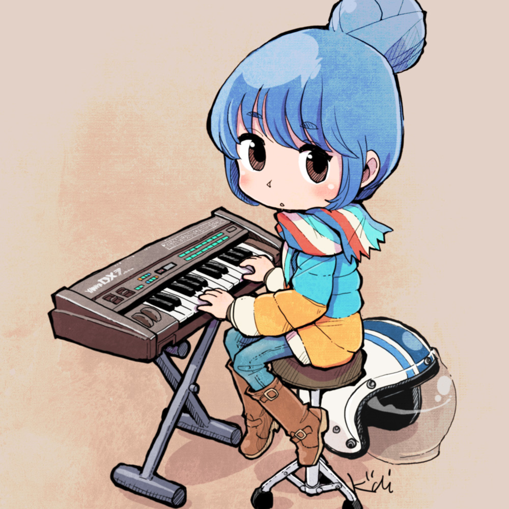 kiichi, shima rin, yurucamp, commentary, 1girl, :o, blue hair, blue jacket, blue pants, blue scarf, blush, boots, brown background, brown boots, brown eyes, brown hair, chibi, denim, from side, hair bun, helmet, instrument, jacket, jeans, long sleeves, looking back, multicolored jacket, multicolored scarf, music, orange jacket, pants, parted lips, playing instrument, playing piano, red scarf, scarf, short hair, signature, simple background, sitting, solo, stool, swept bangs, synthesizer, turning head, two-tone jacket, unworn headwear, unworn helmet, white helmet, white scarf, white trim, yamaha dx7