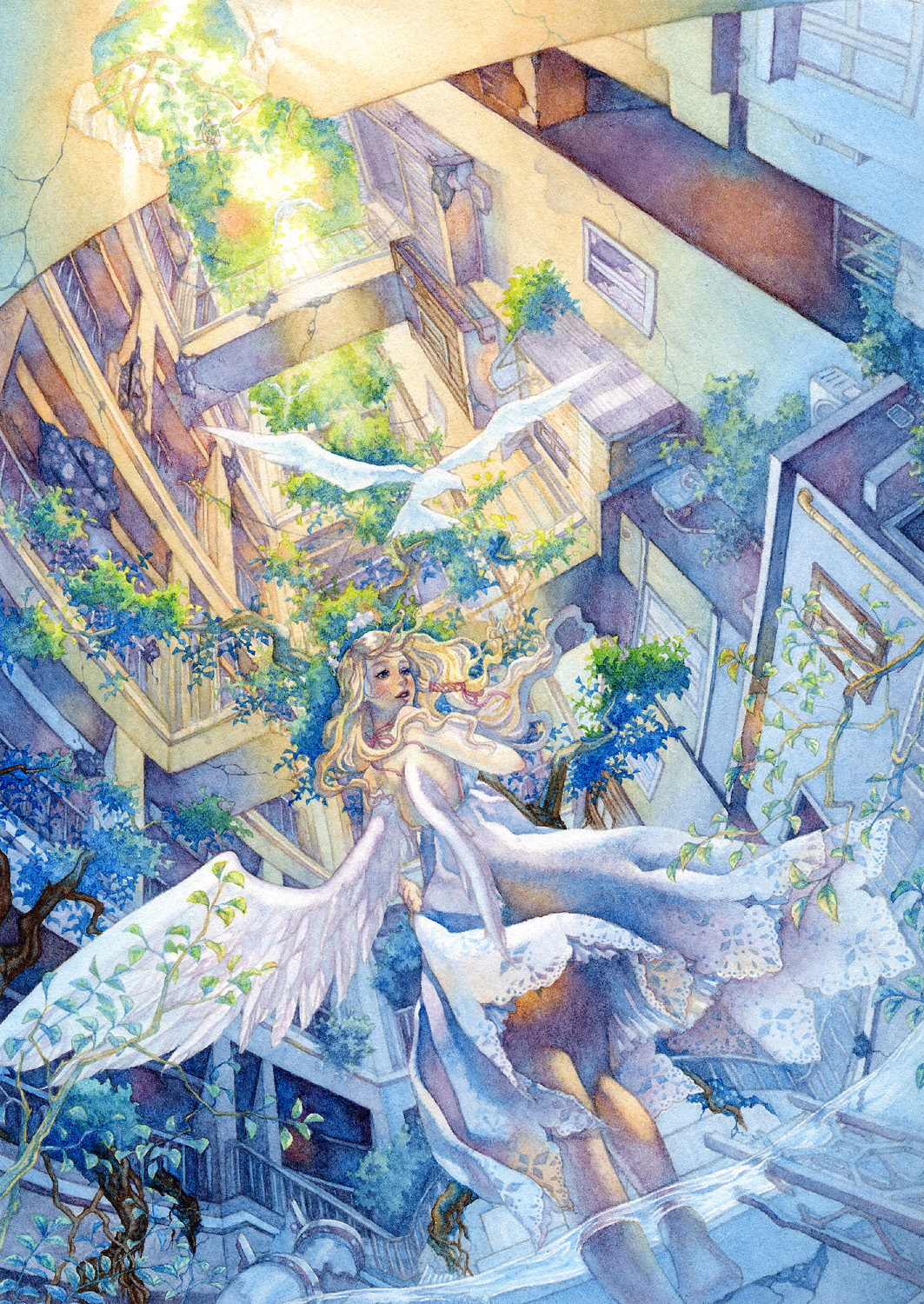 shuka (taupe), original, highres, painting (medium), traditional media, watercolor (medium), angel, angel wings, barefoot, blonde hair, blue eyes, building, city, dress, long hair, plant, scenery, skirt, sky, solo, tree, walking, wings