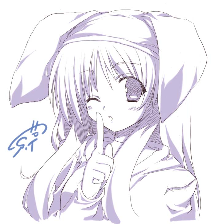 take shinobu, takesinobu, dekarunanshi mohoro byoudouin gachiko (takesinobu), original, bad id, bad pixiv id, 1girl, female focus, finger to mouth, hat, monochrome, one eye closed, purple theme, shushing, solo, wink
