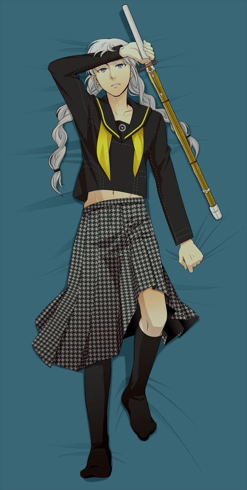 sumi (pixiv), sumii (fumiki7), narukami yu, atlus, persona, persona 4, bed, crossdressing, crossdressing (mtf), dakimakura (medium), full body, grey hair, long hair, lying, male focus, manly, midriff, on back, school uniform, skirt, socks, solo, trap
