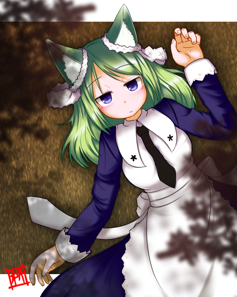 masu shu, arietta (7th dragon), 7th dragon, 7th dragon (series), 1girl, animal ears, blue eyes, female focus, green hair, lying, necktie, solo