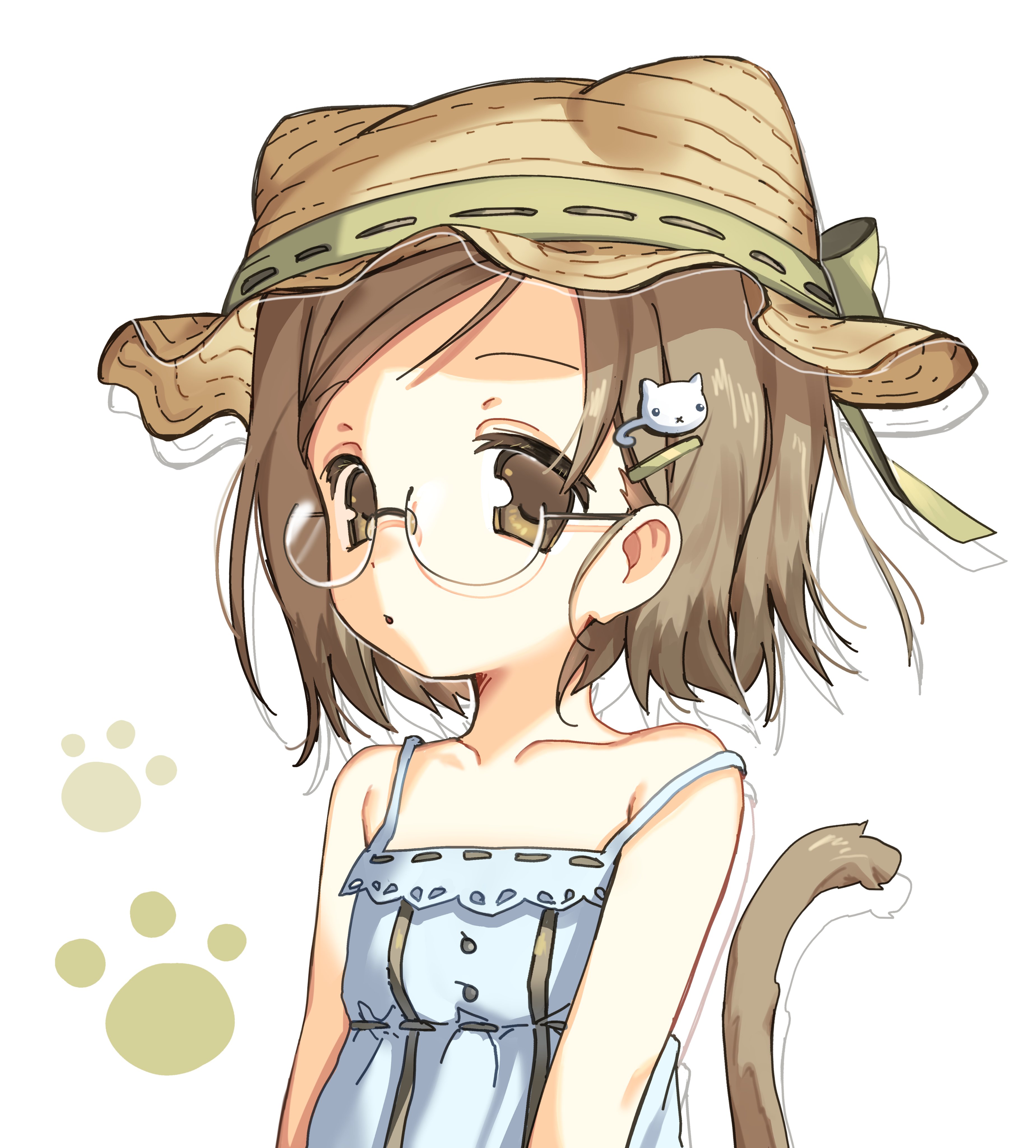 nepunepu, sakuragi matsuri, ichigo mashimaro, absurdres, commentary, highres, symbol-only commentary, 1girl, animal ear headwear, bare shoulders, brown eyes, brown hair, cat girl, cat tail, dress, fake animal ears, flat chest, glasses, hair ornament, hairclip, hat, looking at viewer, parted lips, paw print, short hair, simple background, sleeveless, sleeveless dress, solo, strap slip, straw hat, swept bangs, tail, tareme, white background, white dress