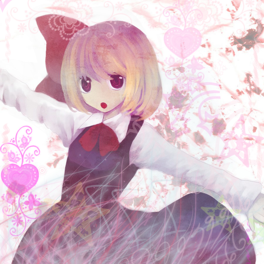 swami, rumia, embodiment of scarlet devil, touhou, bad id, bad pixiv id, 1girl, blonde hair, female focus, hair ribbon, red eyes, ribbon, short hair, solo, standing