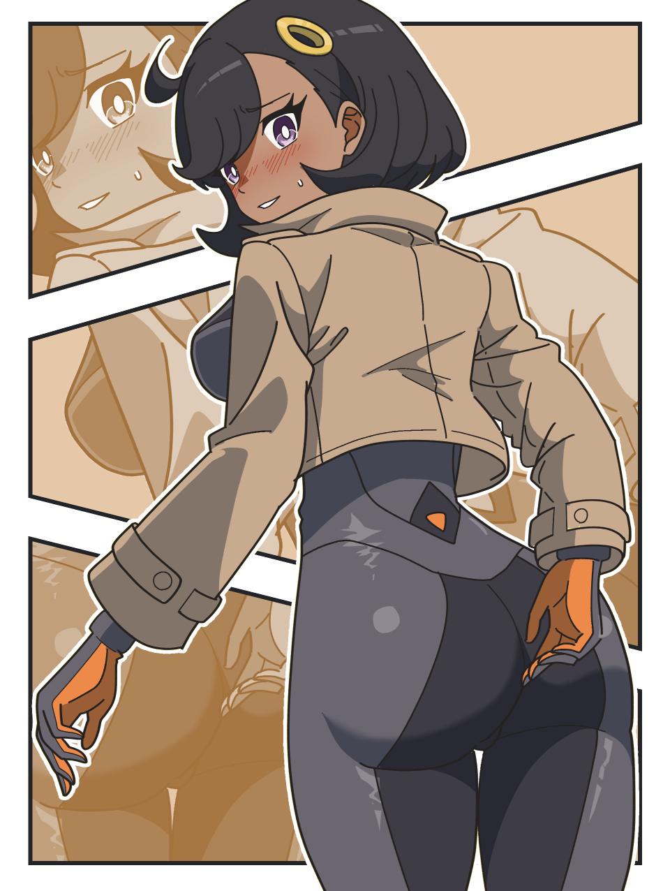kanbei (pixiv11037490), emma (pokemon), nintendo, pokemon, pokemon legends: z-a, highres, 1girl, ass, black hair, breasts, brown jacket, from behind, hair ornament, jacket, looking at viewer, looking back, medium breasts, parted lips, purple eyes, short hair, side ahoge, solo, zoom layer