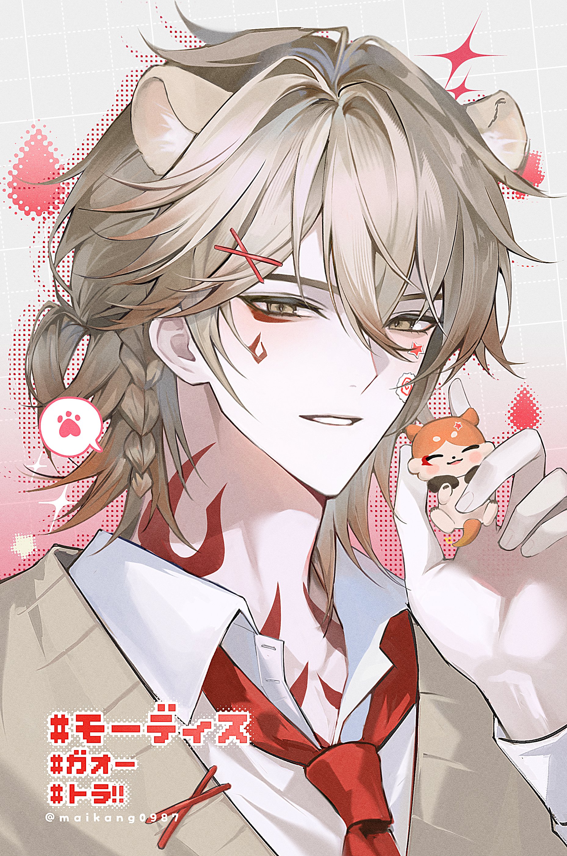 maikang0987, mydei (honkai: star rail), honkai: star rail, honkai (series), absurdres, commentary, hashtag-only commentary, highres, 1boy, animal ears, blonde hair, braid, brown eyes, brown sweater, collared shirt, hair between eyes, hair ornament, kemonomimi mode, long hair, looking at viewer, male focus, necktie, parted lips, portrait, red necktie, shirt, single braid, solo, sparkle, sweater, tattoo, white shirt, x hair ornament