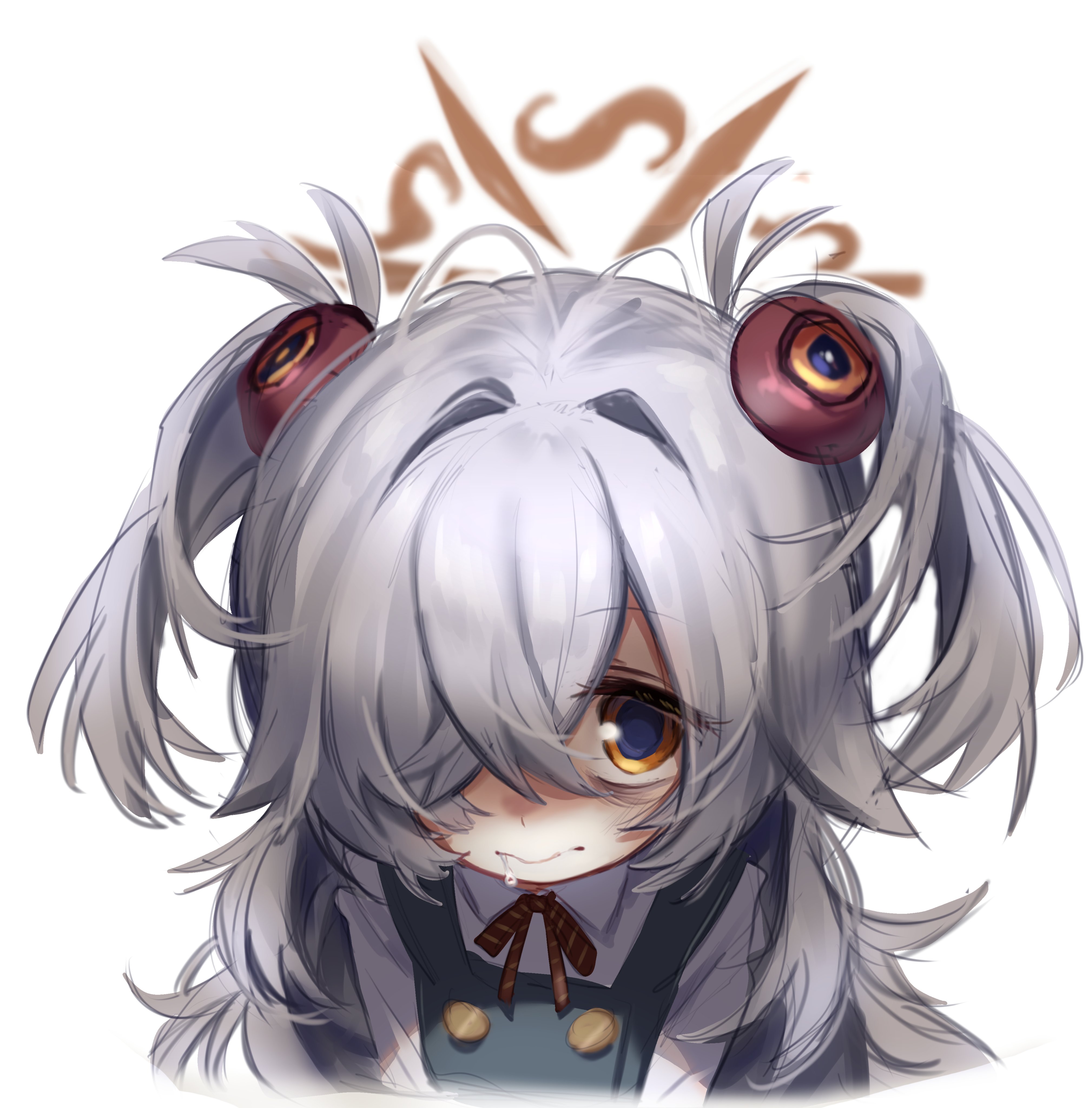 nepunepu, kanoe (blue archive), blue archive, absurdres, highres, 1girl, bags under eyes, buttons, closed mouth, collared shirt, cropped torso, drooling, eyeball hair ornament, grey hair, hair over one eye, hair ribbon, halo, long sleeves, looking at viewer, one eye covered, orange eyes, red ribbon, ribbon, shirt, simple background, solo, two side up, upper body, white background, white shirt