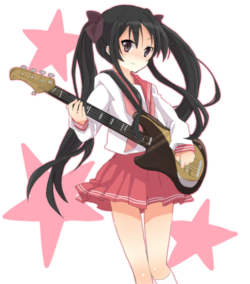 konno seara, akiyama mio, hiiragi kagami, k-on!, lucky star, bad id, bad pixiv id, 1girl, bass guitar, cosplay, female focus, guitar, hair ribbon, hiiragi kagami (cosplay), instrument, long hair, ribbon, school uniform, serafuku, solo, twintails