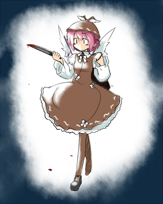 masu shu, mystia lorelei, touhou, 1girl, blood, female focus, full body, gradient background, hat, knife, pink hair, solo, standing, white background, wings
