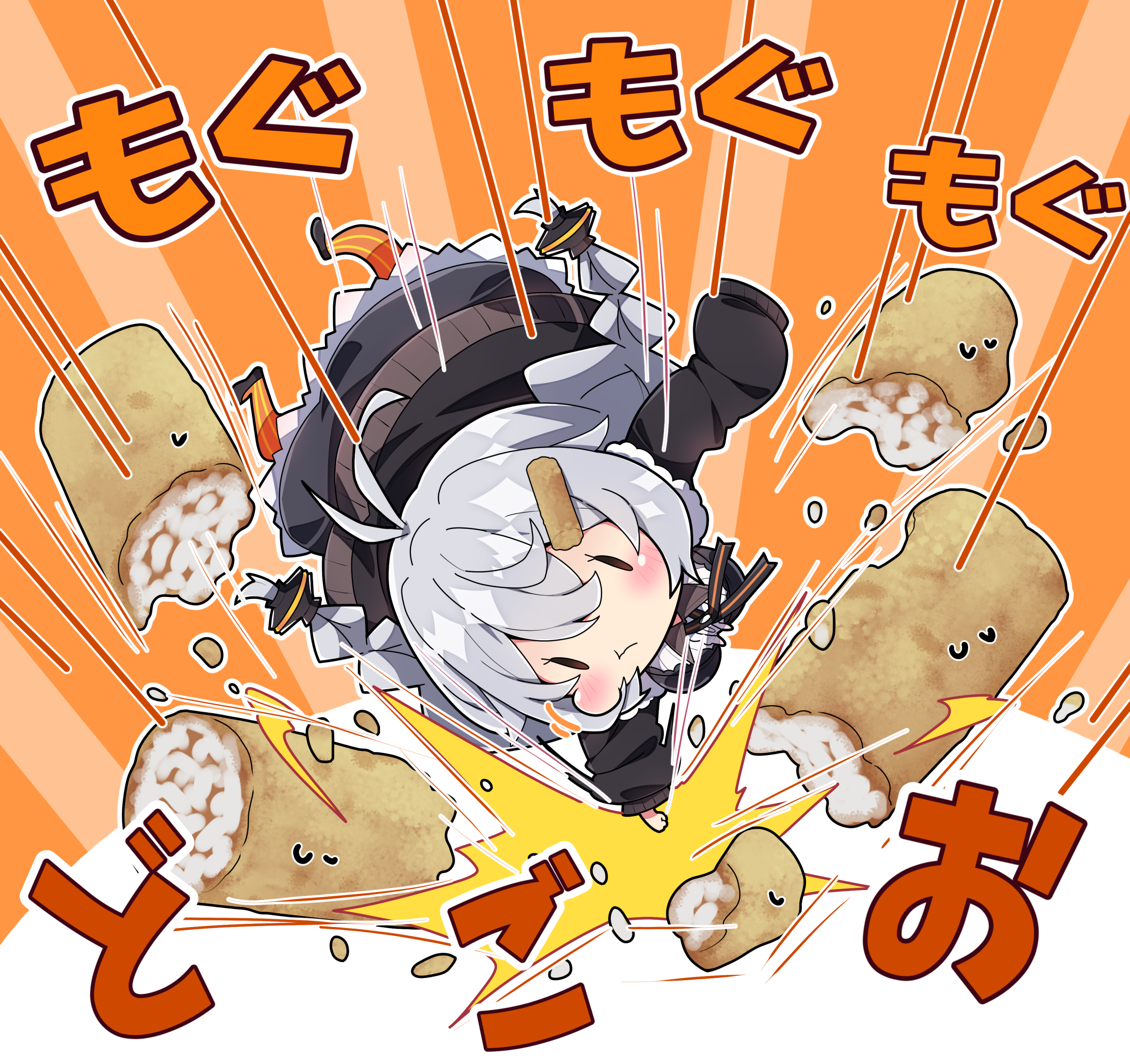milkpanda, kizuna akari, vocaloid, voiceroid, commentary request, food request, highres, translation request, 1girl, :t, antenna hair, black dress, black shoes, blush, braid, chibi, chibi only, closed mouth, dress, food, full body, grey hair, long hair, long sleeves, mg mg, orange pantyhose, outline, pantyhose, shoes, solo, sweat, twin braids, white outline, | |