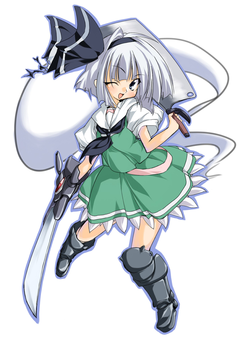take shinobu, takesinobu, konpaku youmu, konpaku youmu (ghost), touhou, silver hair, bad id, bad pixiv id, 1girl, cleaver, female focus, hatchet, hitodama, katana, nata (tool), ribbon, simple background, solo, sword, weapon