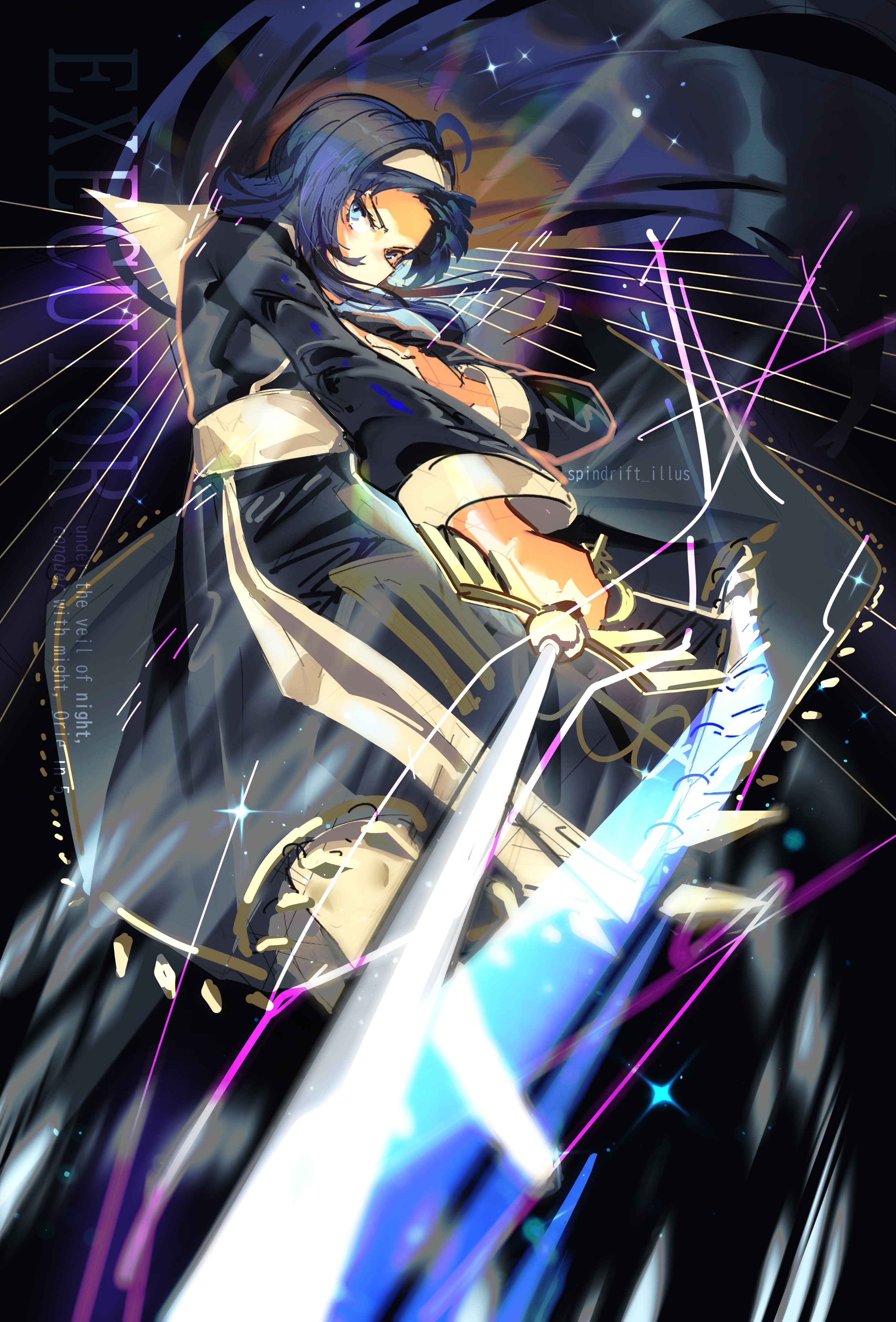 spindrift, orie ballardiae harada, under night in-birth, absurdres, highres, 1girl, armor, armored dress, blue eyes, blue hair, dress, english text, hairband, holding, long hair, rapier, solo, sword, very long hair, weapon, white hairband