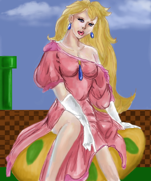 princess peach, mario (series), nintendo, super mario bros. 1, 1girl, blonde hair, blue eyes, blue sky, breasts, cleavage, dress, earrings, female focus, gloves, jewelry, lipstick, long hair, makeup, outdoors, pink dress, sky, smoking pipe, solo, white gloves