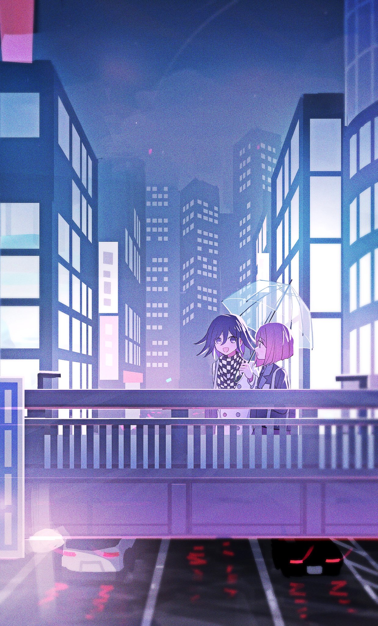 xiao (grsnss25), oma kokichi, yumeno himiko, danganronpa (series), danganronpa v3: killing harmony, commentary request, highres, 1boy, 1girl, black jacket, bridge, building, buttons, checkered clothes, checkered scarf, city, city lights, cityscape, flipped hair, hair between eyes, jacket, long sleeves, night, night sky, open mouth, purple eyes, purple hair, red eyes, red hair, road, scarf, scenery, short hair, sky, skyscraper, smile, transparent, transparent umbrella, two-tone scarf, umbrella, walking
