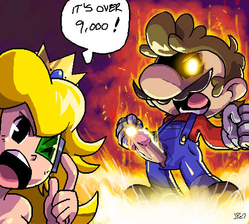 junkpile, mario, princess peach, dragon ball, dragonball z, mario (series), nintendo, super mario bros. 1, aliasing, lowres, 1boy, 1girl, aura, blonde hair, blue overalls, brown hair, censored, crown, erection, facial hair, full body, gloves, glowing, glowing eyes, it's over 9000 (meme), long hair, meme, mustache, no headwear, one eye closed, overalls, parody, penis, penis out, princess, red sweater, scouter, speech bubble, suspenders, sweater, white gloves, wink