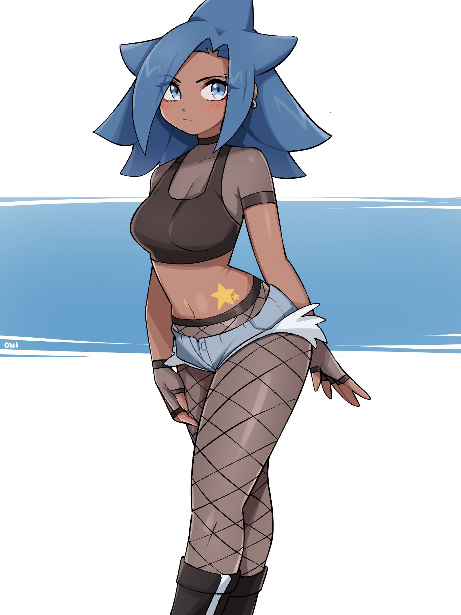 oninuer, original, commentary, english commentary, highres, 1girl, black tank top, blue eyes, blue hair, blue shorts, blush, breasts, closed mouth, cowboy shot, crop top, dark-skinned female, dark skin, fingerless gloves, fishnet pantyhose, fishnets, gloves, grey gloves, grey pantyhose, looking at viewer, medium breasts, micro shorts, midriff, pantyhose, see-through clothes, see-through shirt, shirt, short sleeves, shorts, solo, star (symbol), star tattoo, tank top, tattoo, white background